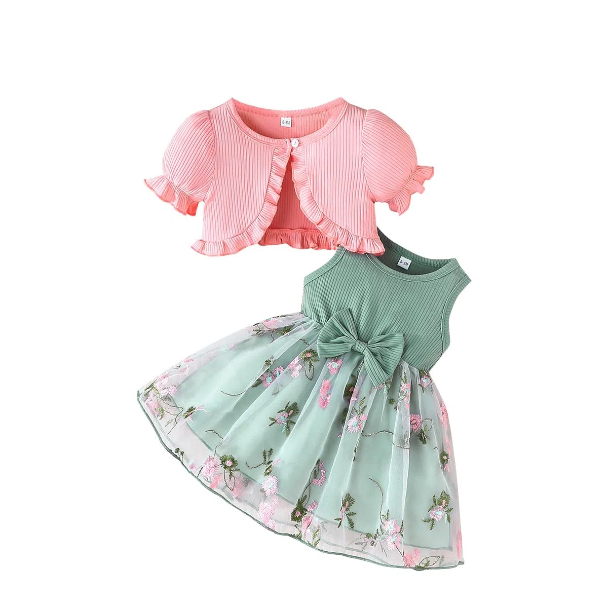 Vestito Bambina tutù e Cardigan 2 Pezzi Set Floreale Senza Maniche con Papillon Tulle Abito Vestiti + Cardigan Abbigliamento Estivo Autunno per Festa di Compleanno