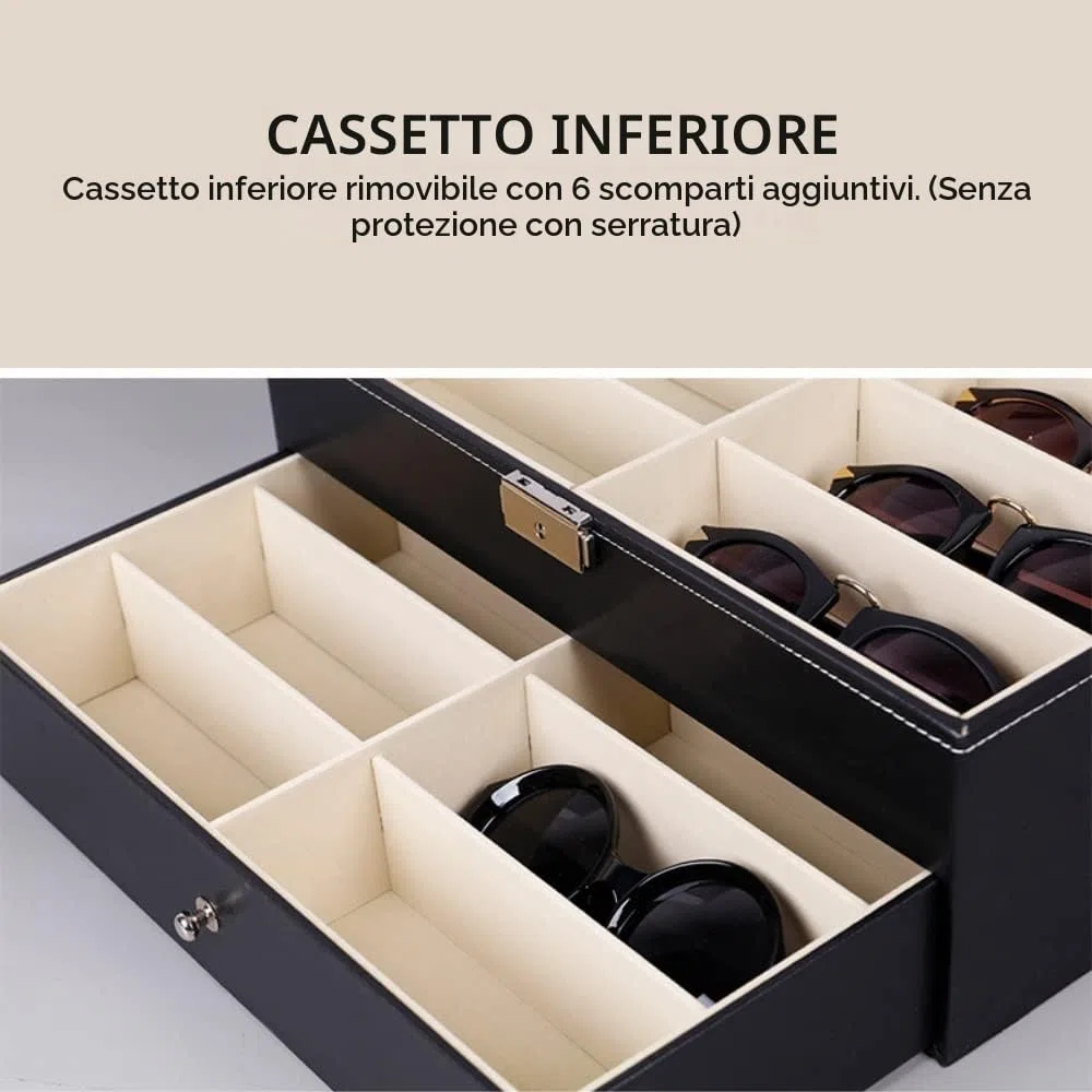 MAGIC SELECT Scatola per Occhiali. Espositore di Occhiali a 8-12-18 Scomparti con Coperchio in Vetro Trasparente, Chiusura con Chiave, Cassetto e Morbida Fodera Interna.
