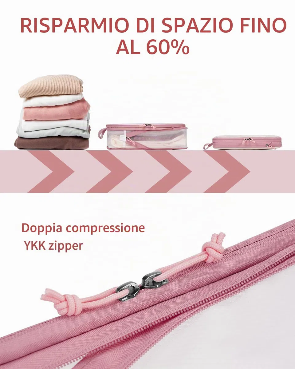 ECOHUB 6 Pezzi Organizer Valigia Salvaspazio Compressione, Set Per Viaggio Con Copriscarpe, Divisori Per Bagaglio a Mano, Leggero, Rosa