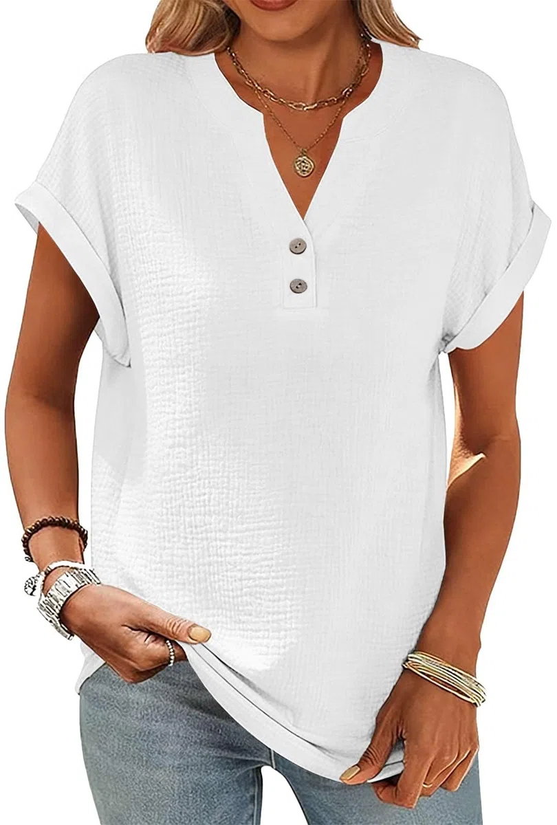 Yutdeng Camicia Elegante Estiva Donna Camicette in Lino Cotone a Manica Corta Bluse Leggero Maglietta Scollo a V Top con Bottoni Camicia Moda Casual Classico T-Shirt