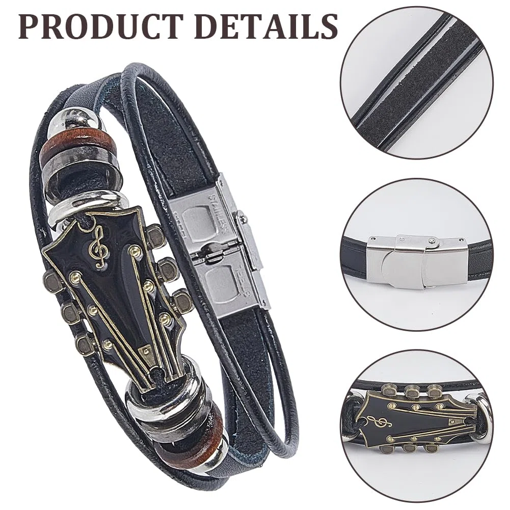 Bracciale Avvolgente in Pelle PU con Chitarra retrò, Stile Punk, Multistrato, Rock, Musica, Etnico, Tribale, Impilabile, Intrecciato, per Uomo, Regalo per Appassionati di Musica