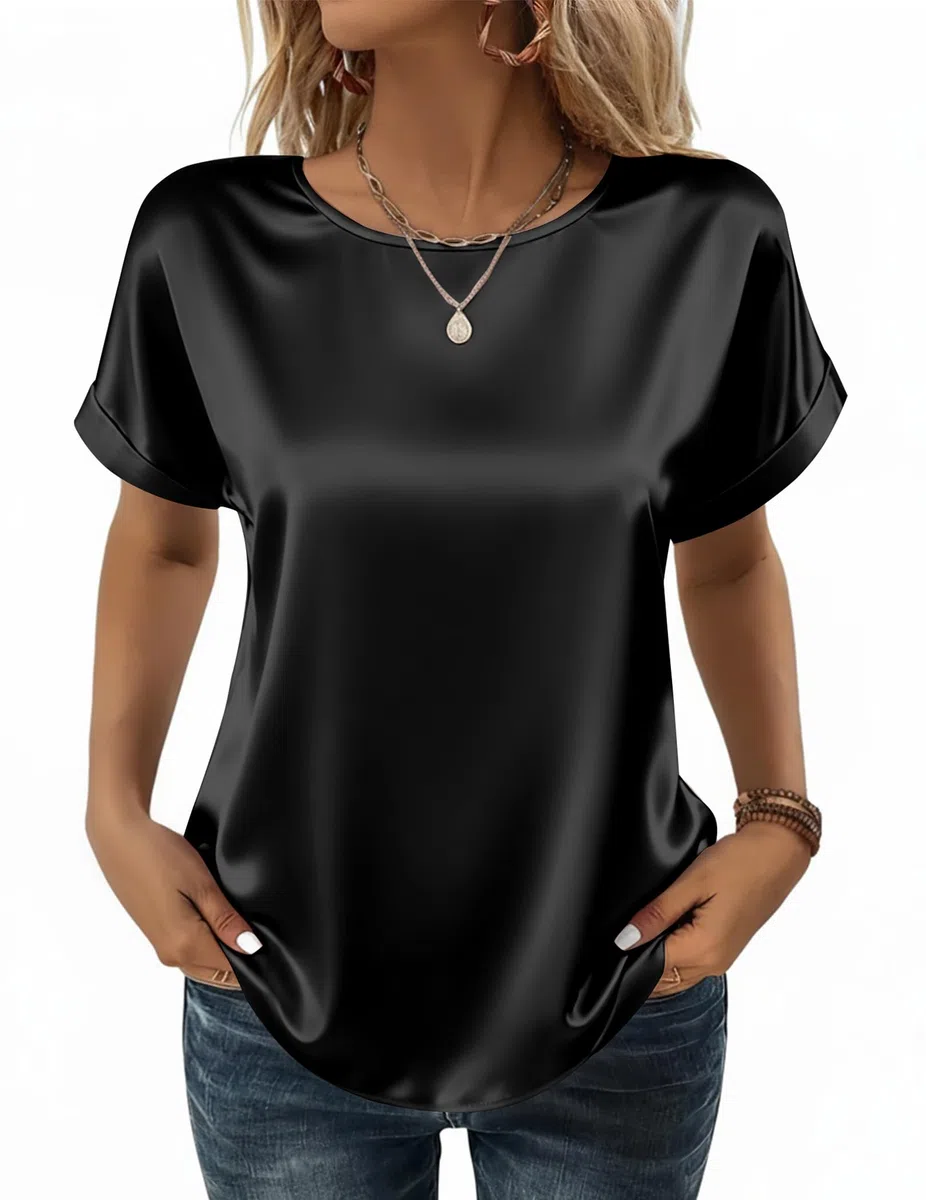 Zeagoo Camicetta in Raso da Donna Elegante di Seta Tunica Camicetta Maniche Corte Girocollo Casual Camicie Estate Tinta Unita Classico Shirts S-XXL
