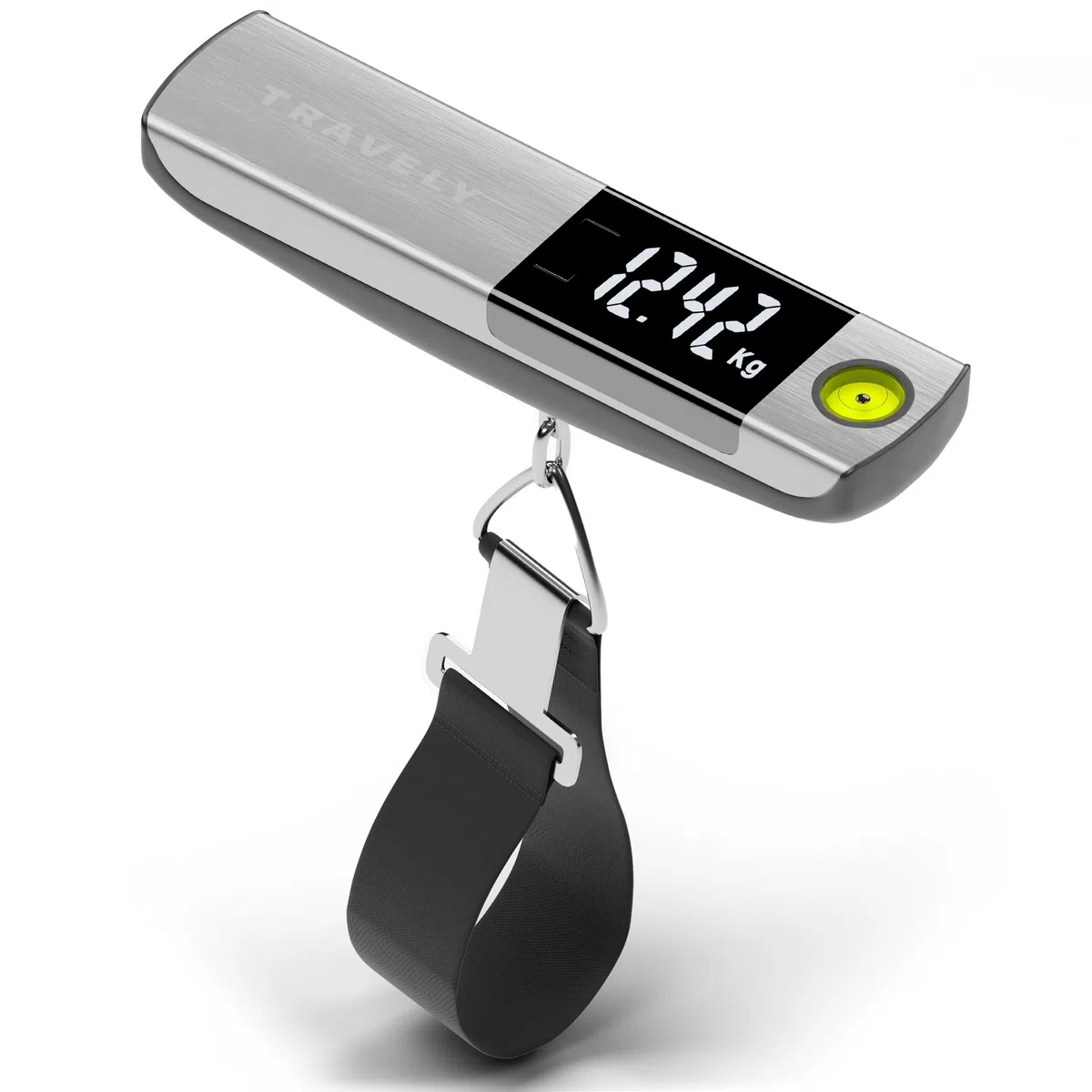 Travely Premium Bilancia per valigie in acciaio inossidabile spazzolato fino a 50 kg | Bilancia per bagagli con pratico metro a nastro e livella integrata per misurazioni precise. Bilancia digitale