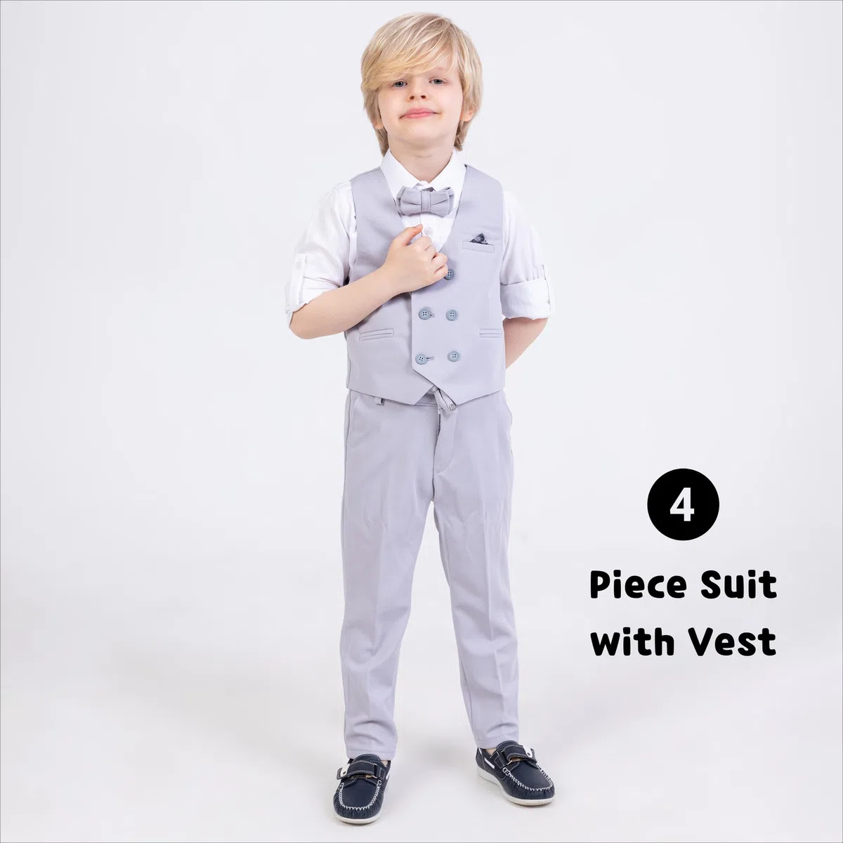 Gilet per ragazzi | Set di 4 pezzi camicia, pantaloni, gilet e papillon | Abbigliamento formale e per feste per ragazzi di età compresa tra 1 e 13 anni