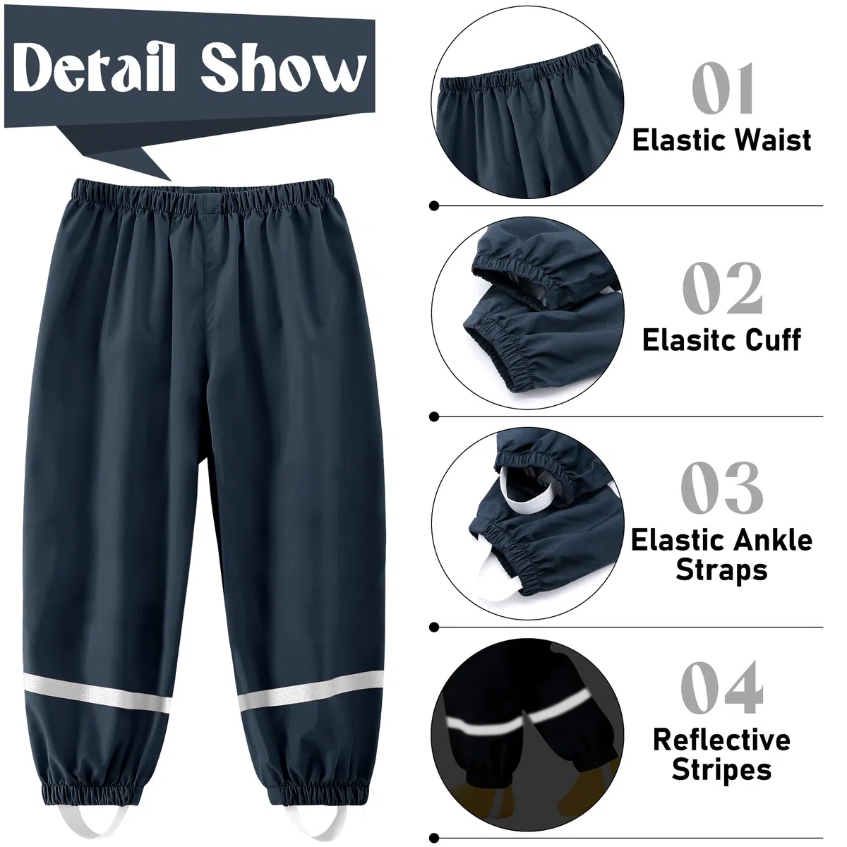 Pantaloni Impermeabili Bambini, Unisex Impermeabile Pantalone Pioggia Leggero Riflettenti Non Imbottiti Salopette Antipioggia Ragazze Ragazzi Outdoor Abbigliamento per 1-10 Anni