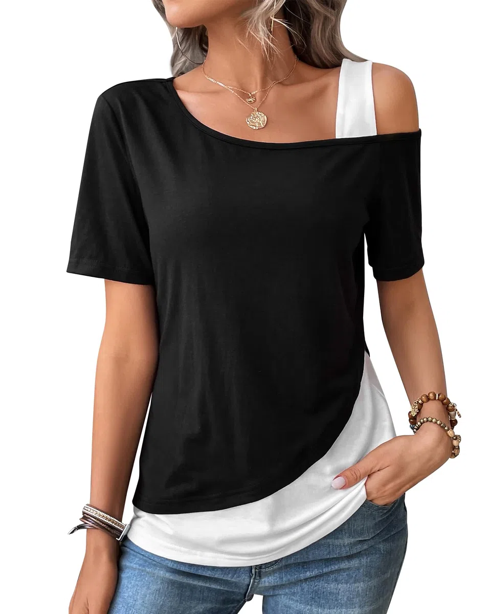 ZASFOU Donna Magliette Top Estive Camicia Elegante Manica Corta T Shirt Spalle Scoperte Tunica Blusa Camicetta