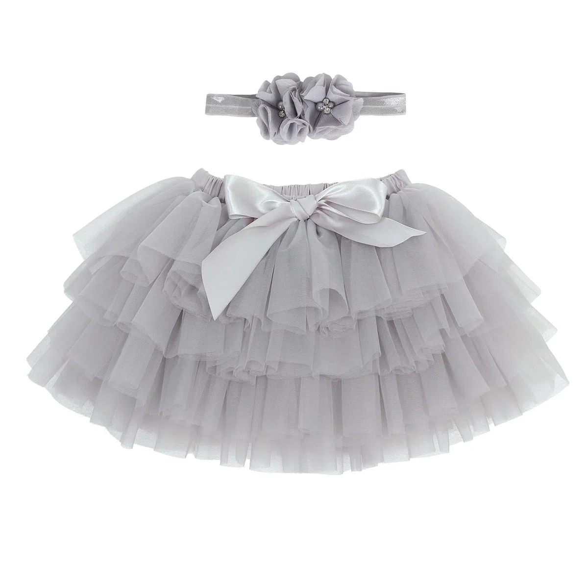 Bebè Bambine Ragazze Gonna Tutù Principessa Mini Strati Super Morbido Tulle Elastico in Vita Balletto Corte con Copri Pannolino + Fascia, Grigio XL 2-3 Anni