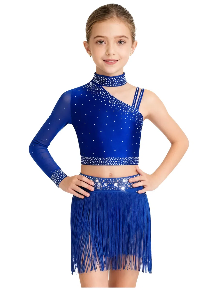 JEATHA Ragazza Abito da Ballo Latino Monospalla 2 Pezzi Top Corto con Strass e Gonna Irregolaro con Frange Vestito da Danza Classica Standard Salsa Samba