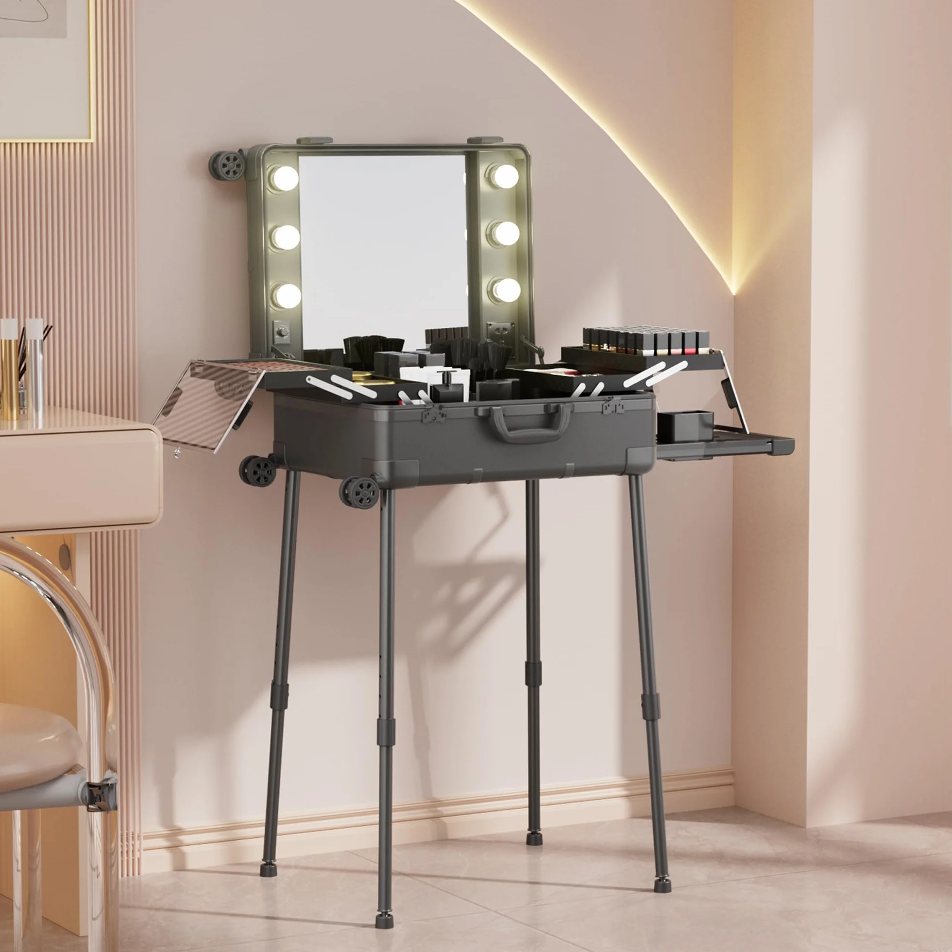 Valigia per il trucco con ruote in alluminio, grande specchio con 6 lampadine, organizzazione di cosmetici con serratura a codice, stazione per trousse trucco pieghevole per viaggio e studio