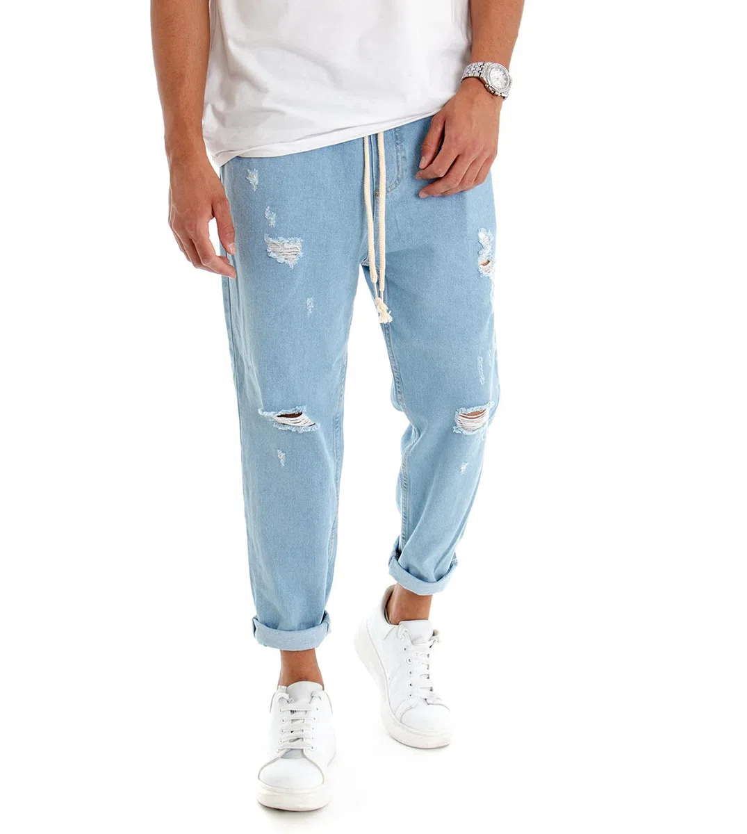 Pantalone Uomo Jeans Tinta Unita Rotture Elastico Coulisse