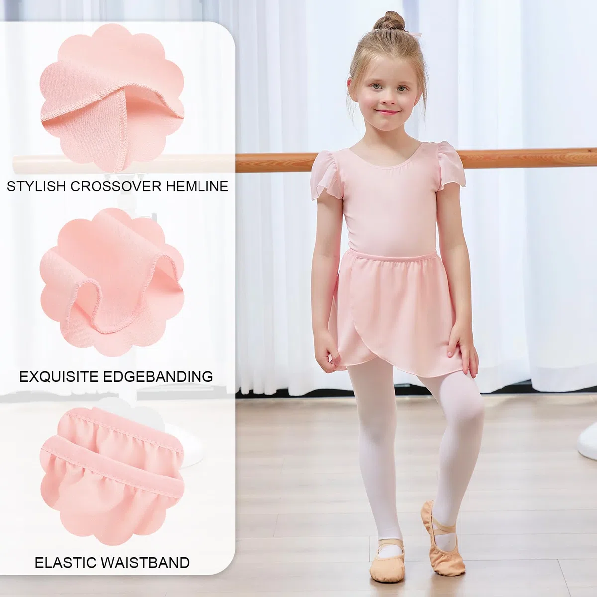 Bezioner Body Danza Classica Bambina con Gonna Rimovibile Vestito da Balletto Gonnellino Danza Manica a Sbuffo