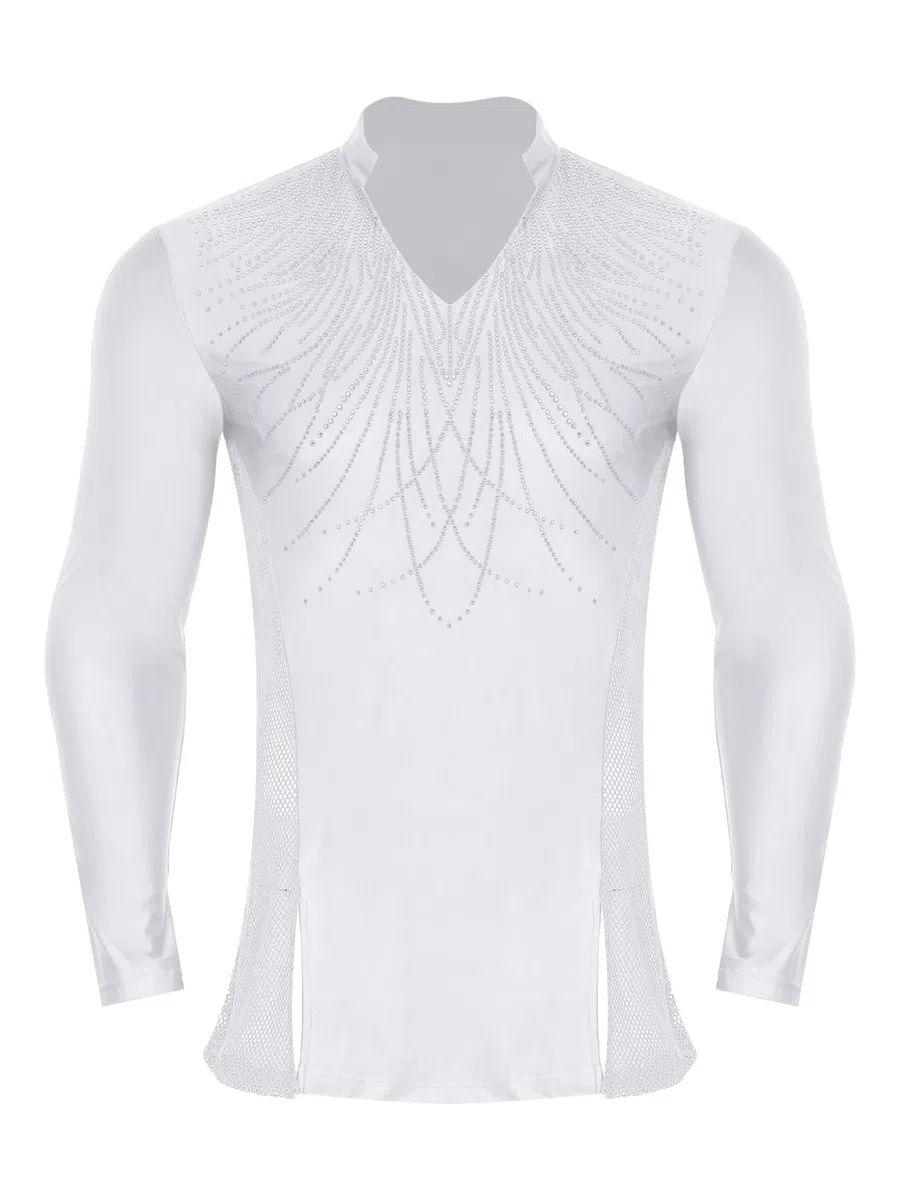 Mufeng Camicia da Ballo Latino Americano Uomo Blusa Tunica Traspirante Paillettes Maglietta da Pattinaggio Artistico Maglia Danza Classica Samba Rumba Salsa