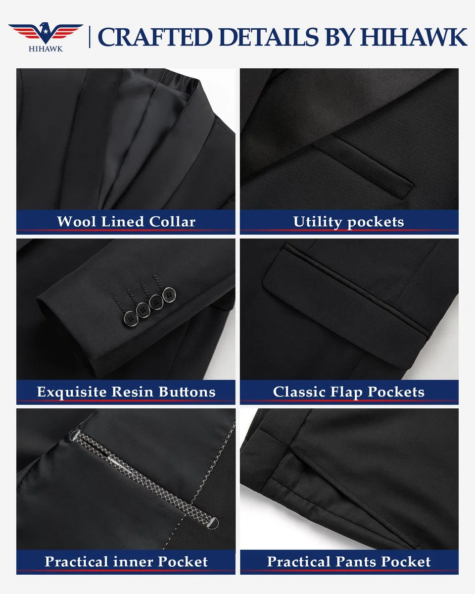 Hihawk Set da smoking da uomo in 3 pezzi con papillon, scialle con bottone e risvolto, giacca e pantaloni, vestibilità aderente, per feste, matrimoni, balli di fine anno