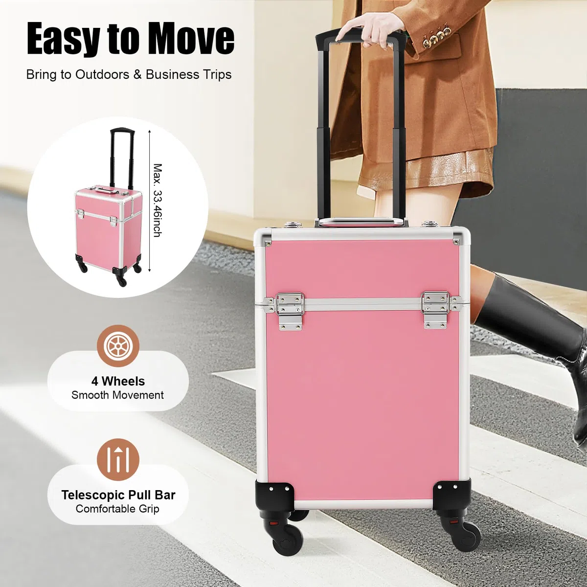 Rolling Trucco Trolley Valigia in Alluminio, Grande Capacità, Scomparti Rimovibili, Organizer Ottimale, Trolley Estensibile, Ideale per Viaggi, Lavoro, Salone di Bellezza, Artista, Rosa