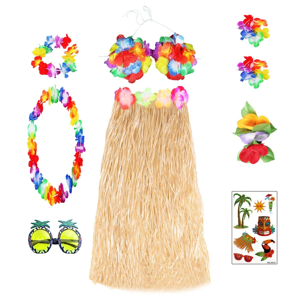 FUIPVGI Set di 9 pezzi con gonna hawaiana Leis Hula, ghirlande hawaiane, gonna hawaiana da donna, top bikini con fiori, per adulti, per travestimento estivo, spiaggia, notte, bar, feste tropicali