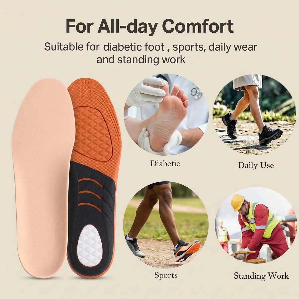 Solette per Diabetici Uomo e Donna EU 35-53 Senza Cucitura Allevia Dolore Alla Pianta Dei Piedi Traspiranti Comoda e Morbida Ammortizzanti Sportive Solette Confort.(Albicocca,35-39 EU 25,5 cm)