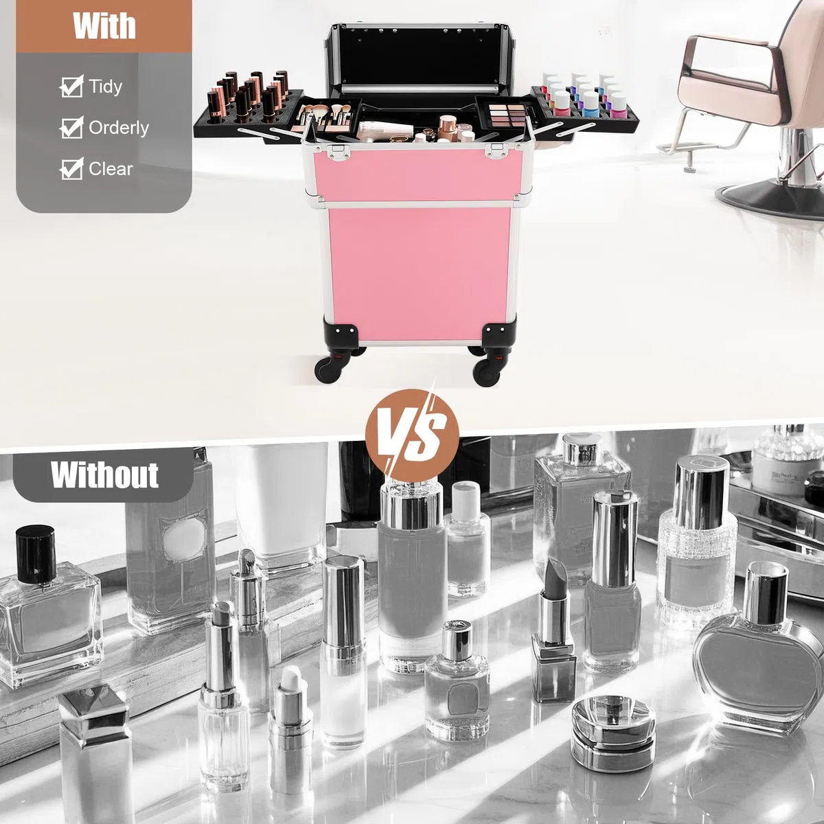 Rolling Trucco Trolley Valigia in Alluminio, Grande Capacità, Scomparti Rimovibili, Organizer Ottimale, Trolley Estensibile, Ideale per Viaggi, Lavoro, Salone di Bellezza, Artista, Rosa