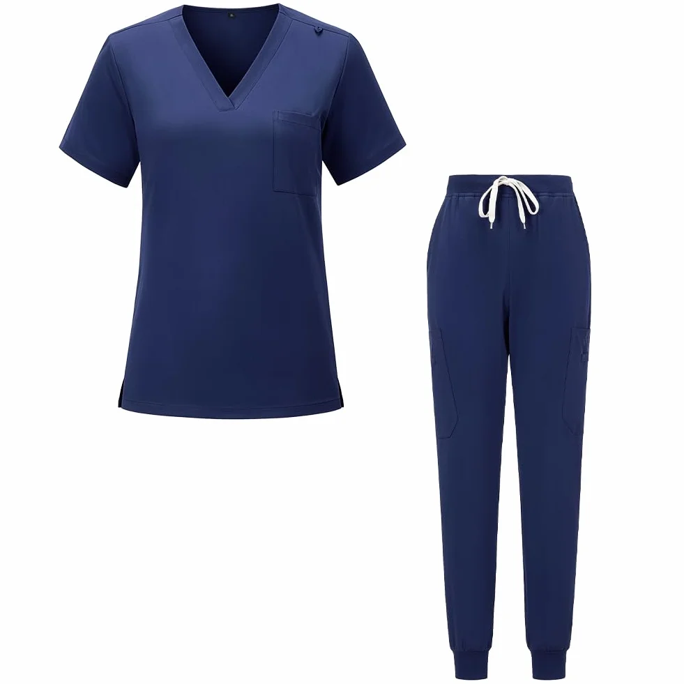 Uniformi Unisex Set Camice, Uniformi Sanitarie, Set con Casacca e Pantalone, Collo Picco Maniche Corte Uniforme, Divisa Sanitaria Uomo Elastica Clinica Ospedale Pulizia Veterinario