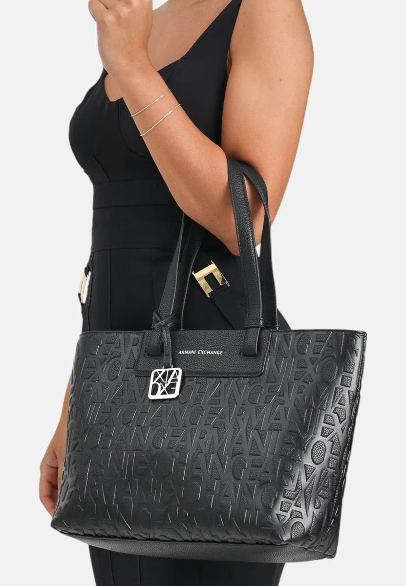 Armani Exchange Women's Liz Patent Embossed Logo Texture Shopping Bag, Black, TU