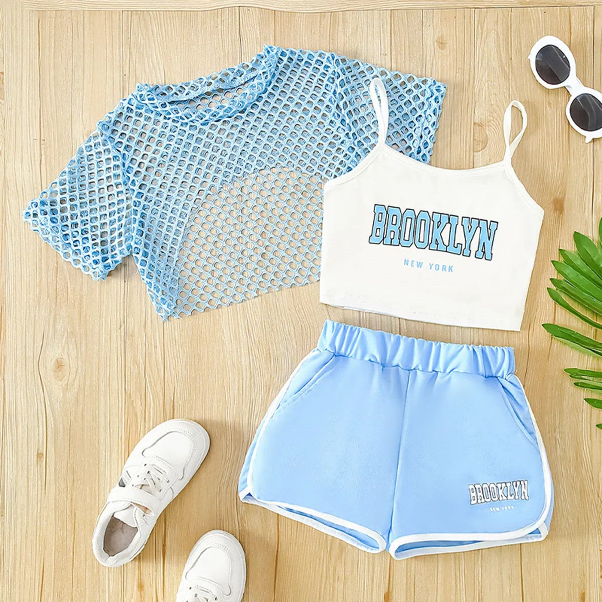 Generico Tuta Da Jogging per Ragazze 3 Pezzi Top Senza Maniche Maglietta Maniche Corte Pantaloncini Rete Casual Sportivo Bambini