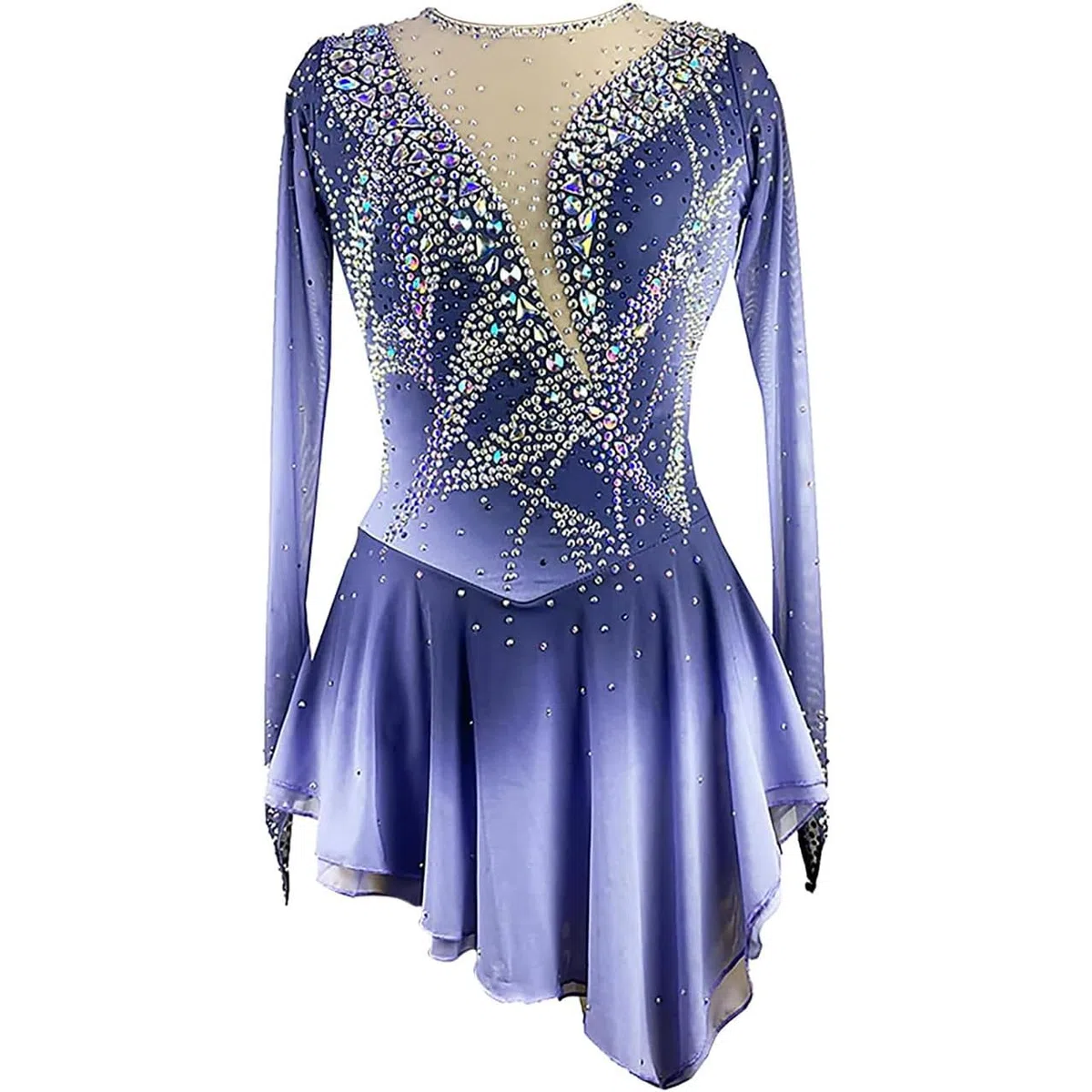 PONNYC Abiti da Gara di Pattinaggio Artistico Body da Ginnastica Ritmica Sfumata per Bambine Costume da Pattinaggio su Ghiaccio A Maniche Lunghe Gonna da Pattinaggio A Rotelle