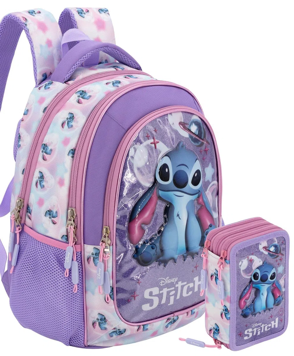 Clondo School Pack Completo Zaino Scuola Ergonomico 33x43x20 cm con Astuccio coordinato 3 Scomparti 46 Pezzi – Per Stitch Fan – Elementare e Regalo Bambina