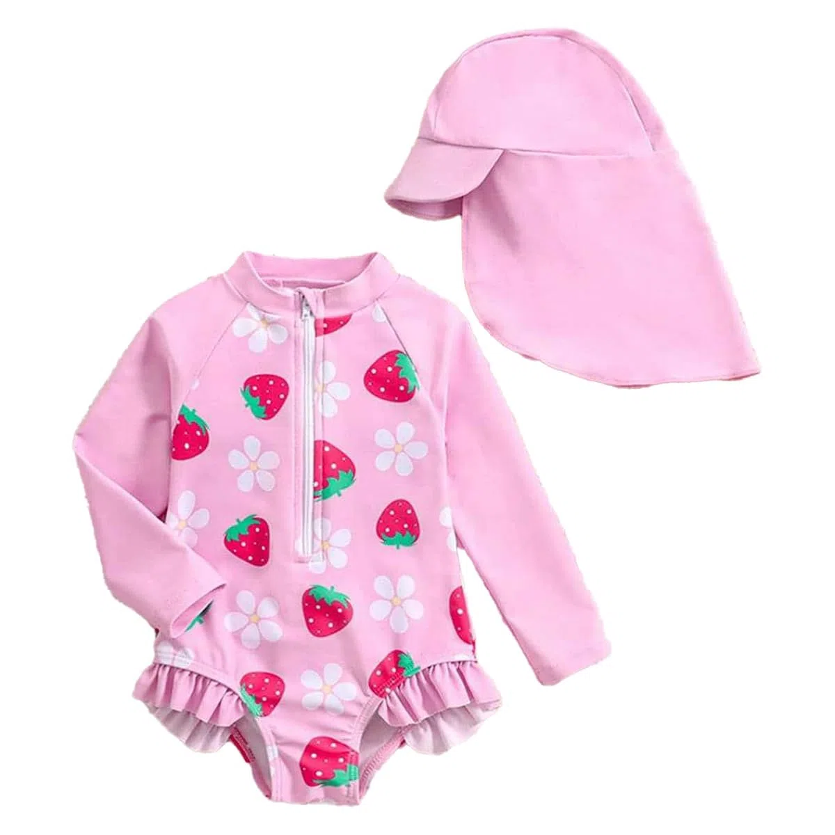 Costume da Bagno a Righe per Neonata Volant Grazioso Modello Intero a Maniche Lunghe Protezione Anti-UV e Cappellin Set da Bagno Floreale Abbigliamento