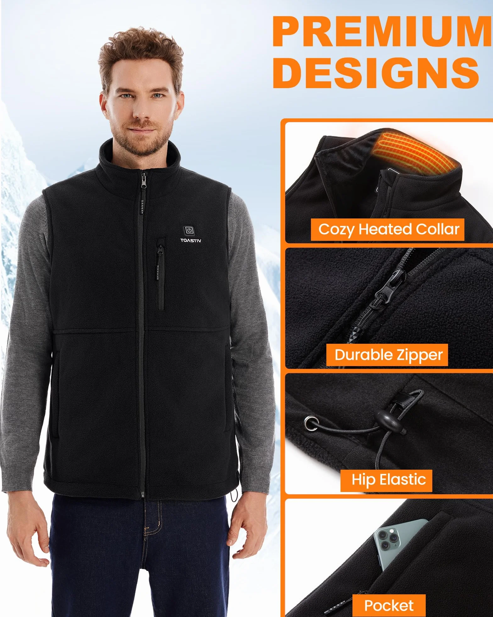 Gilet Riscaldato in Pile Uomo, Gilet Riscaldato Elettrico con 3 Temperature, 6 Zone di Riscaldamento, Giacca Riscaldata USB, Gilet Riscaldato per Attività Outdoor (Senza Batteria)