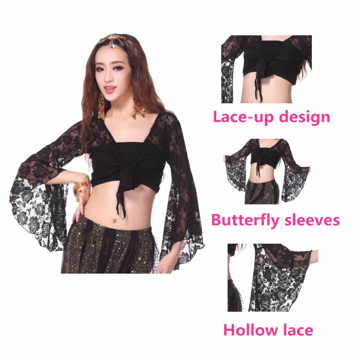 Top da donna per danza del ventre, top avvolgente con maniche svasate a 3/4, top corto con scialle floreale fasciato con nodo per abbigliamento da ballo, top corto con farfalle in pizzo per danza