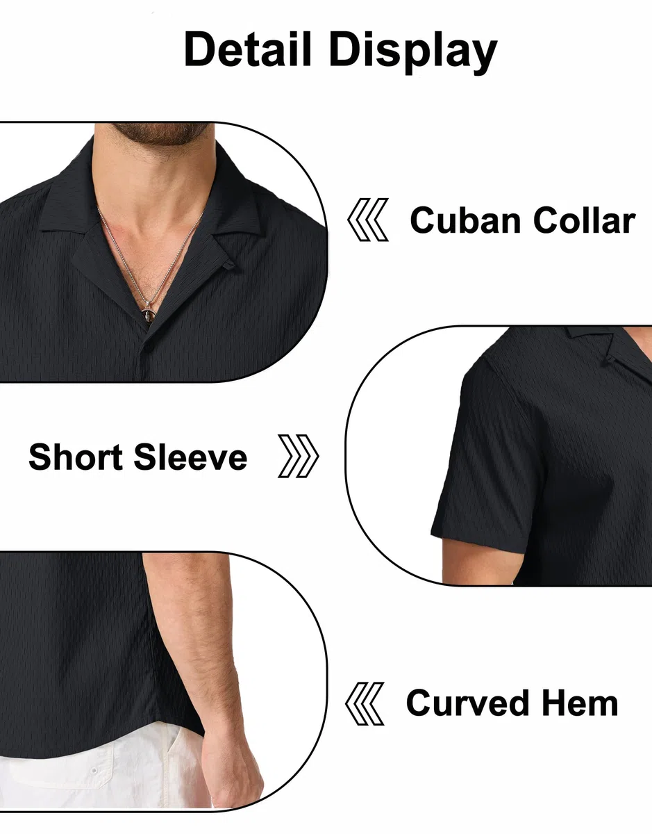Cavva Camicie da uomo Cuban Guayabera Casual Manica Corta Button Down Camicia testurizzata Leggera Estate Spiaggia Camicie hawaiane