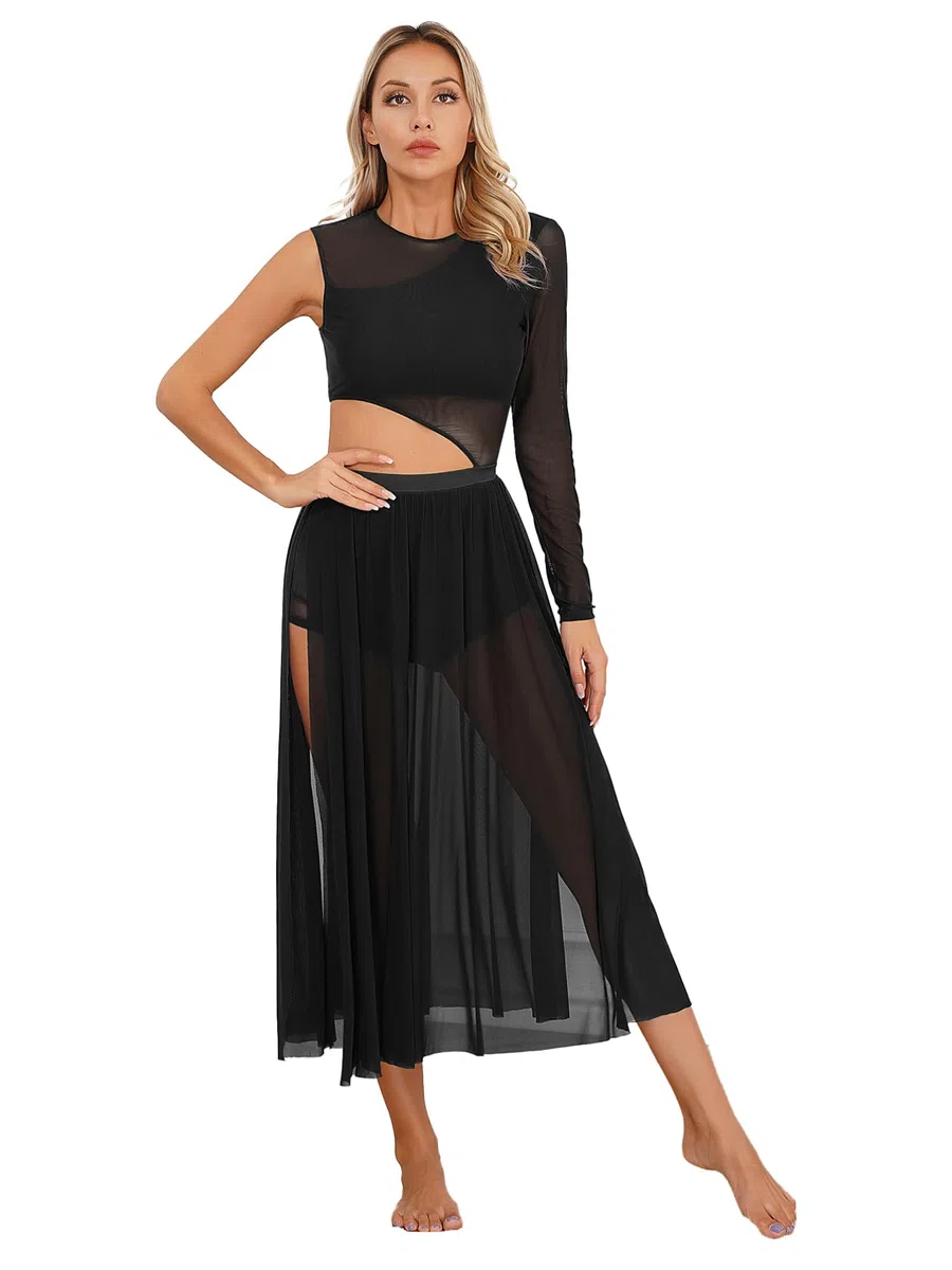 inhzoy Abito da Ballo Lirico Contemporaneo Donna Vestito da Pattinaggio Artistico con Spacco Laterale Body da Ginnastica Danza Classica Moderna a Rete Trasparente Performance