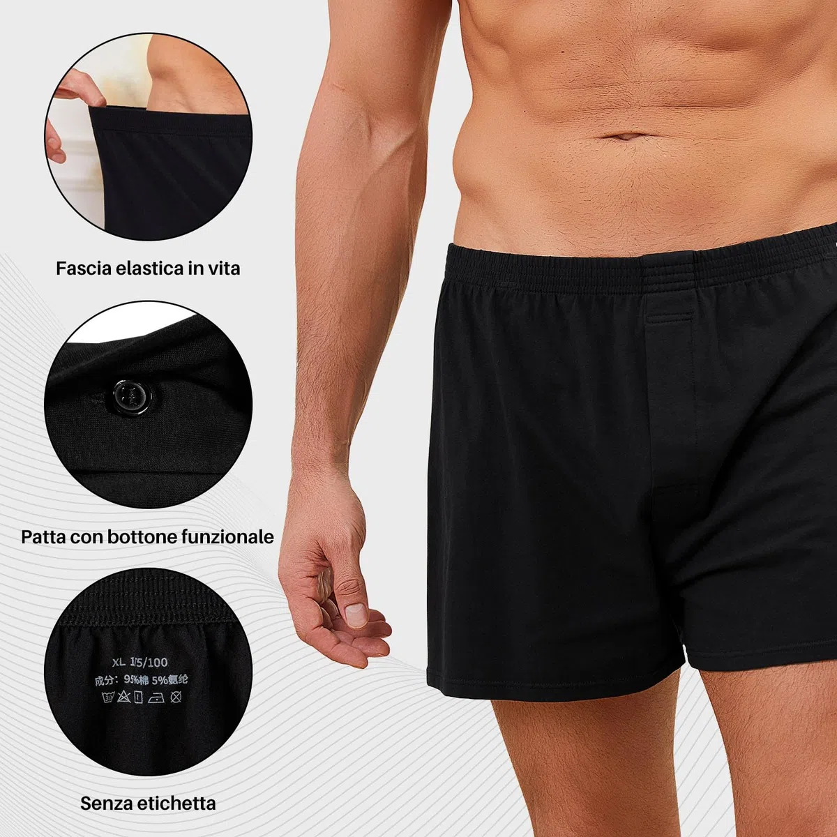 ZAKASA Boxer Larghi Uomo Cotone: Mutande Boxer Uomo Classici con Bottoni Tinta Unita Morbido Traspiranti Senza Etichette per Casa Quotidiano Pacco da 3