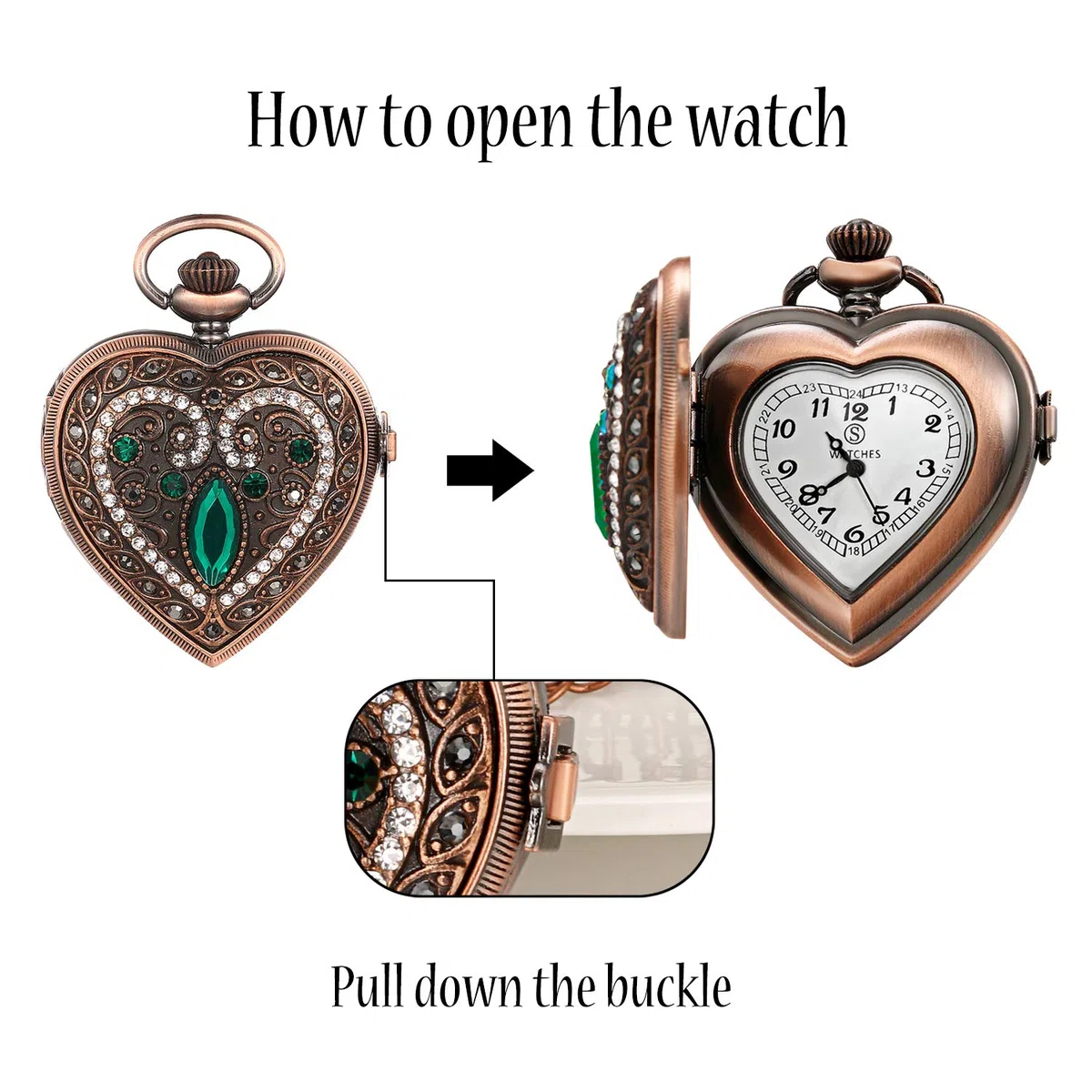 JewelryWe Orologio da Tasca Uomo al Quarzo Forma Cuore Collana con Ciondolo Orologio con Zircone
