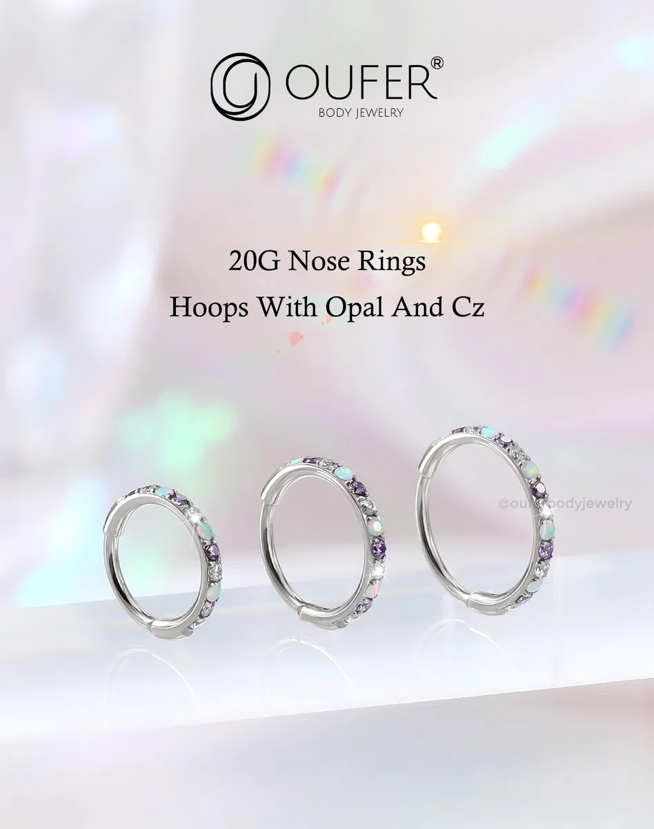 OUFER 20G Segmento a Cerniera Piercing Naso Acciaio Chirurgico 316L Nose Hoop Viola/Nero CZ Opale Orecchini Helix Conch Earring Per Le Donna 6/7/8 mm