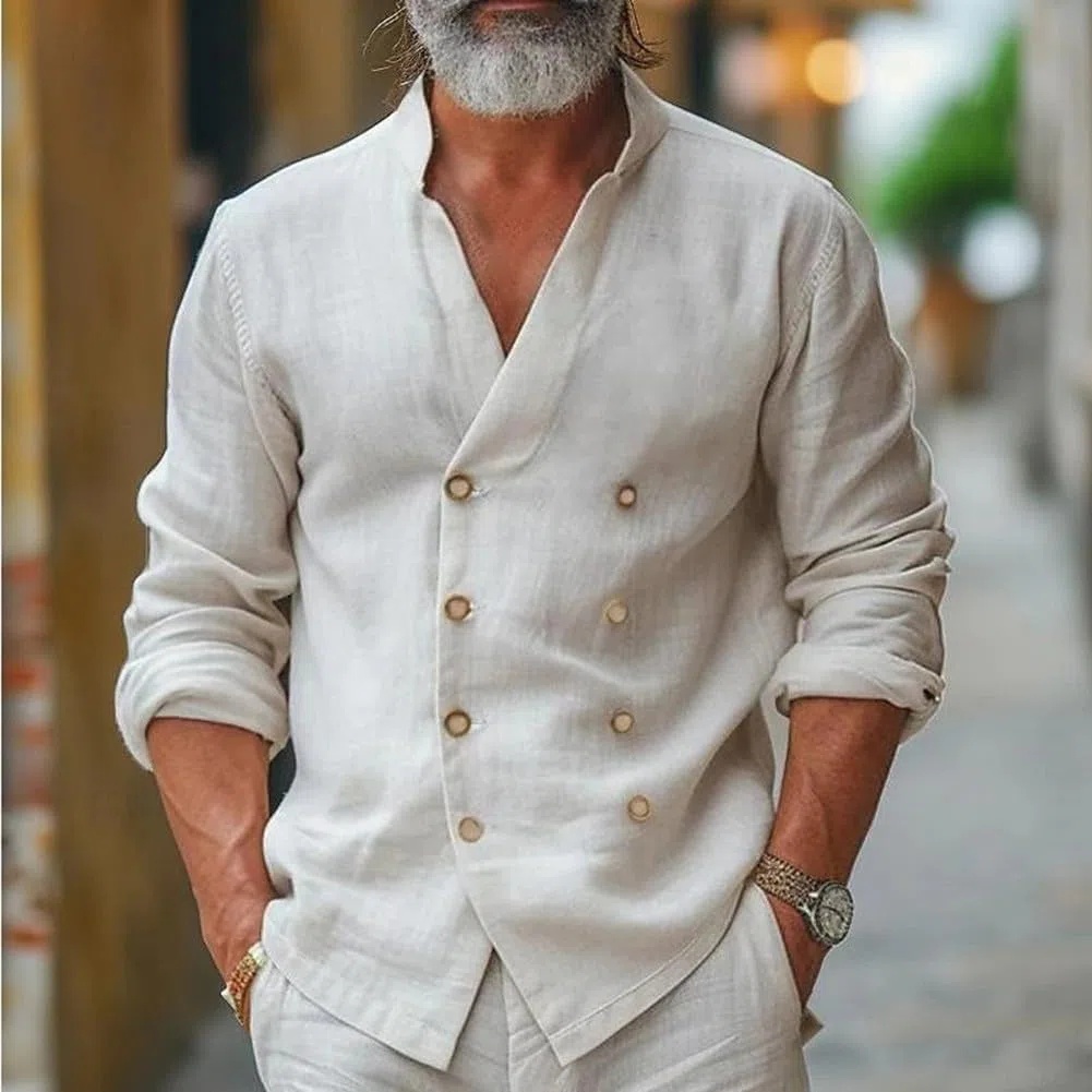 Camicia casual da uomo in lino con colletto alla coreana e design doppiopetto, per la moda quotidiana (3XL beige)