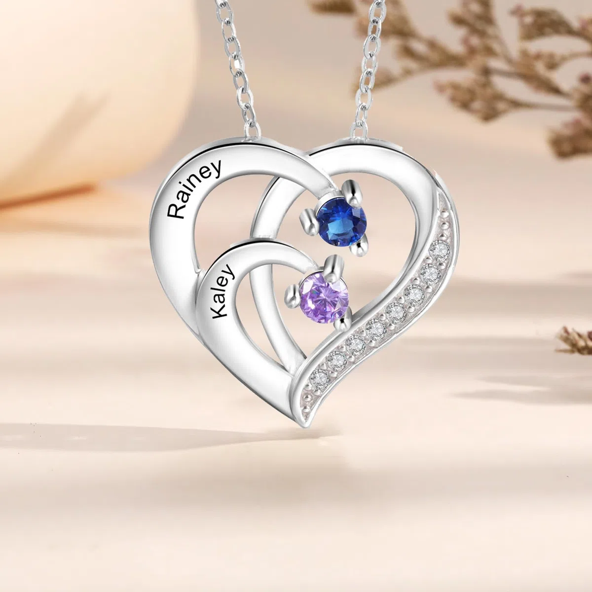 lorajewel Collana da Donna Personalizzata con Nome Pietra di nascita Collana per la Mamma Ciondolo a Cuore in Argento 925 Regalo per Festa della mamma Compleanno Natale