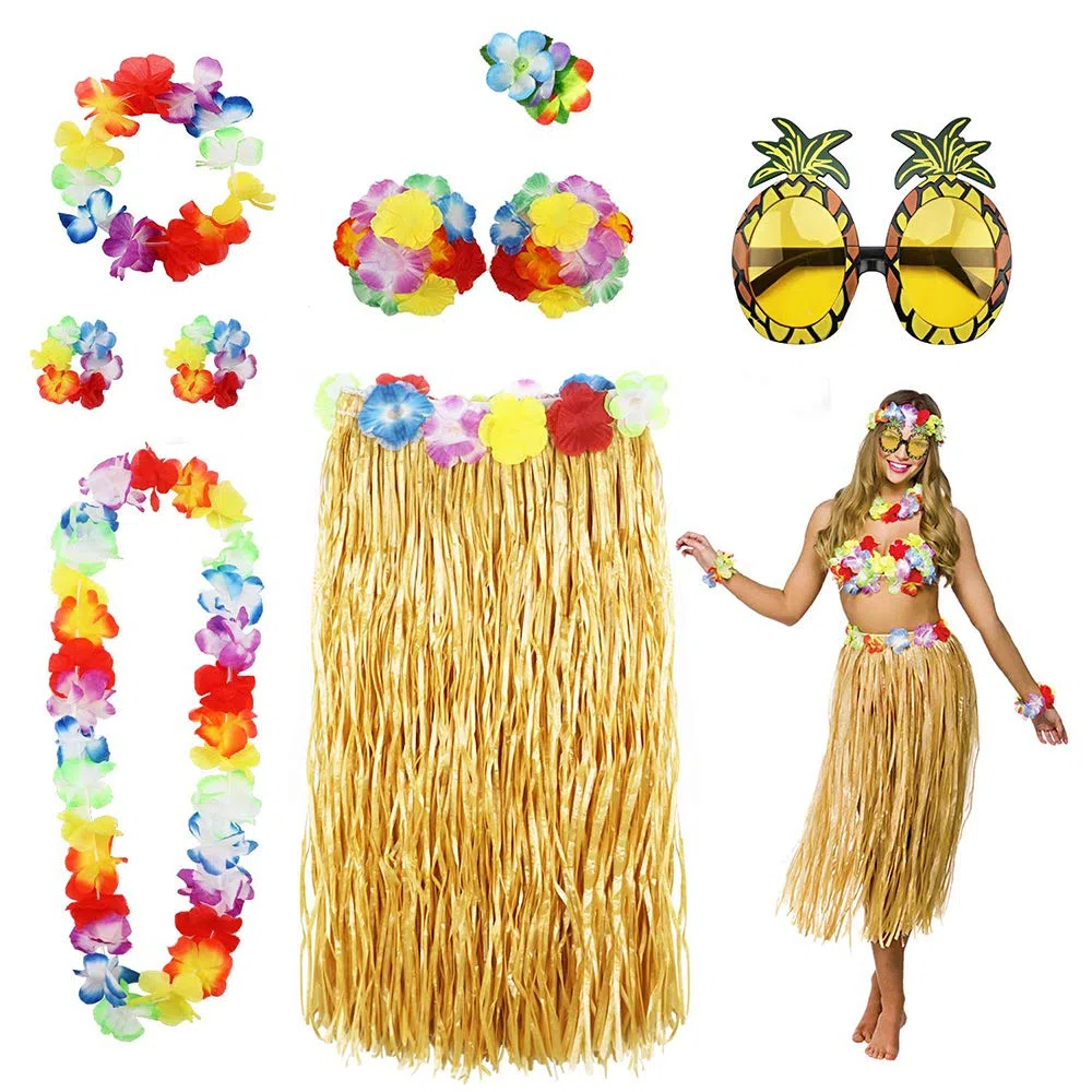 Set Costume Hawaiano ，Hula Gonna in Erba con Fiori Costume Set, Elastico Luau Erba e Hawaiano Fiori Braccialetti, per Hawaiian Decorazioni per Feste
