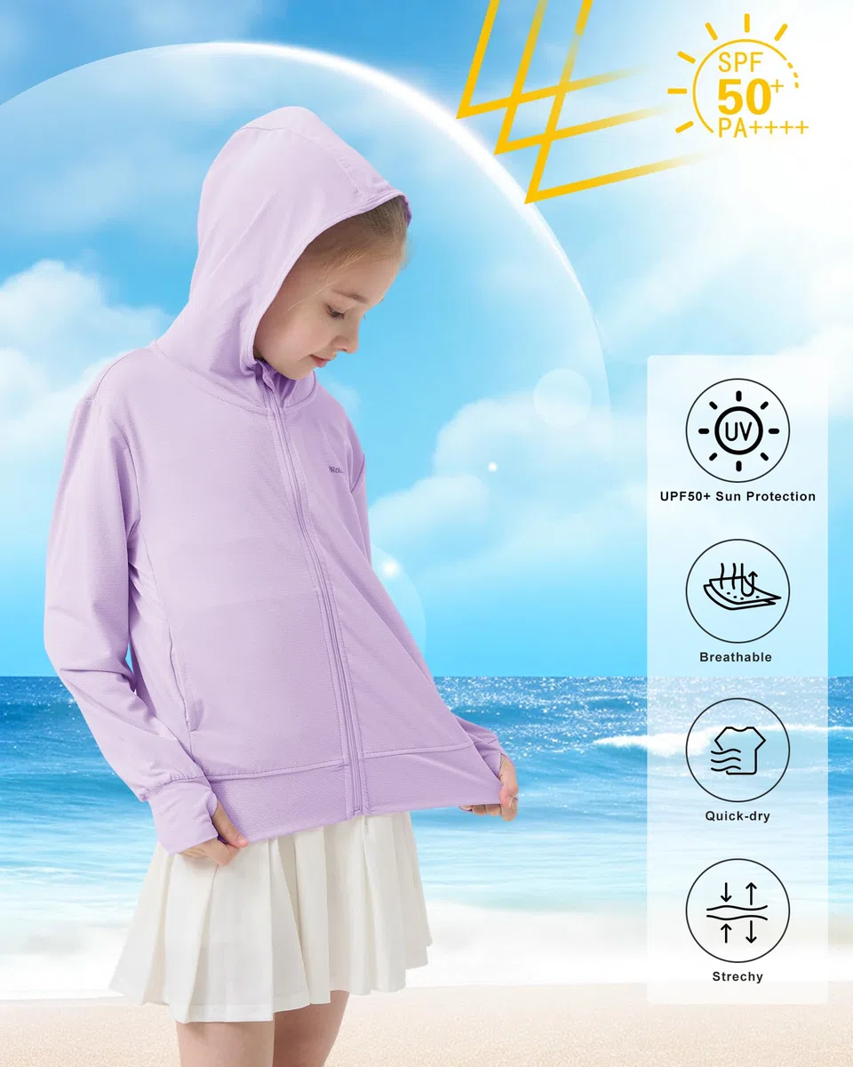 Rolanko Giacca Estiva per Ragazze con Fori per i Pollici Manica Lunga Protezione Solare Asciugatura Rapida Felpa con Cappuccio con Cerniera Top Rash Guard per Bambini