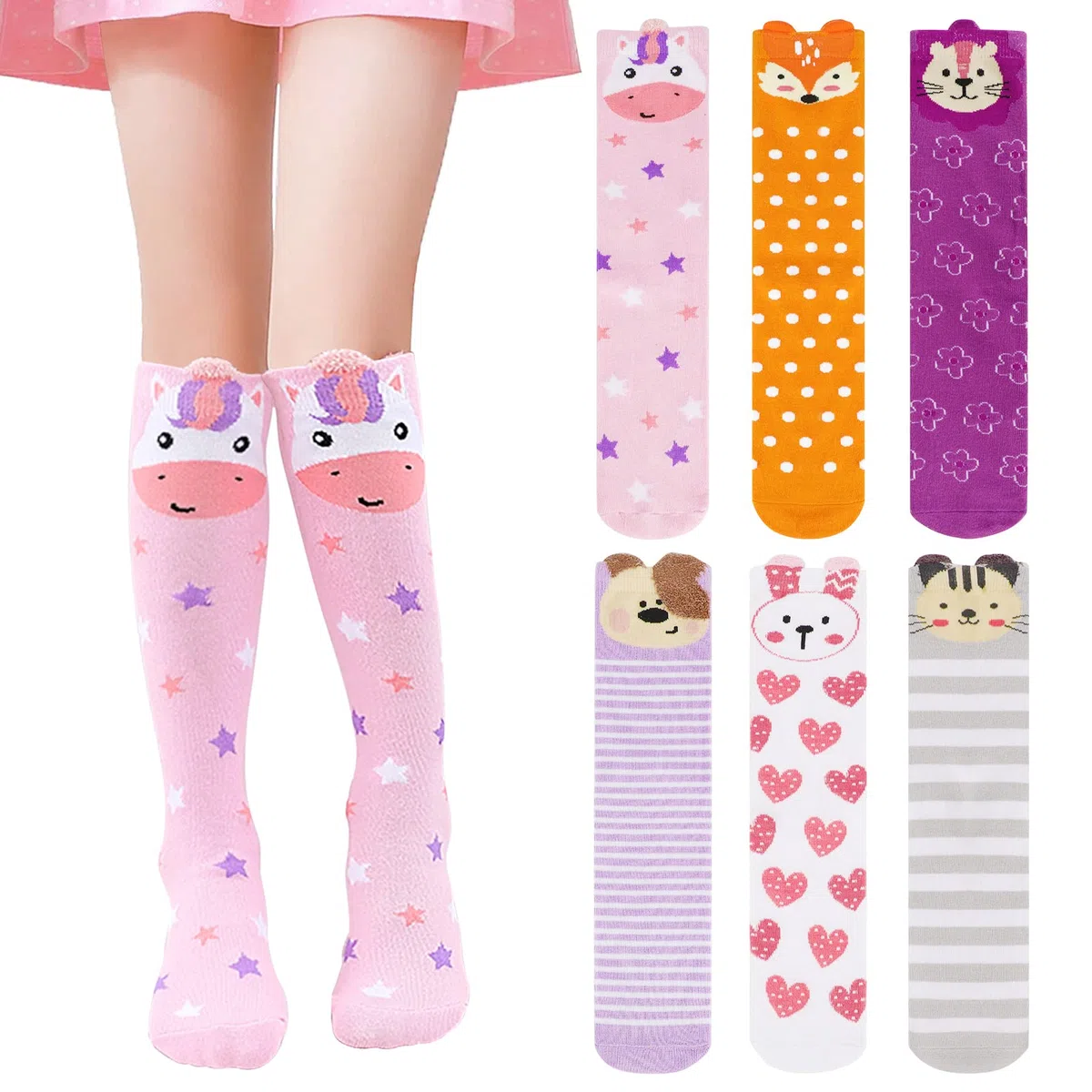 PHOGARY Calzettoni Lunghi per Bambina, 6 Calzetti Carinissimi Animali, Elasticizzato Cotone, 42 cm per 3-12 Anni Ragazze