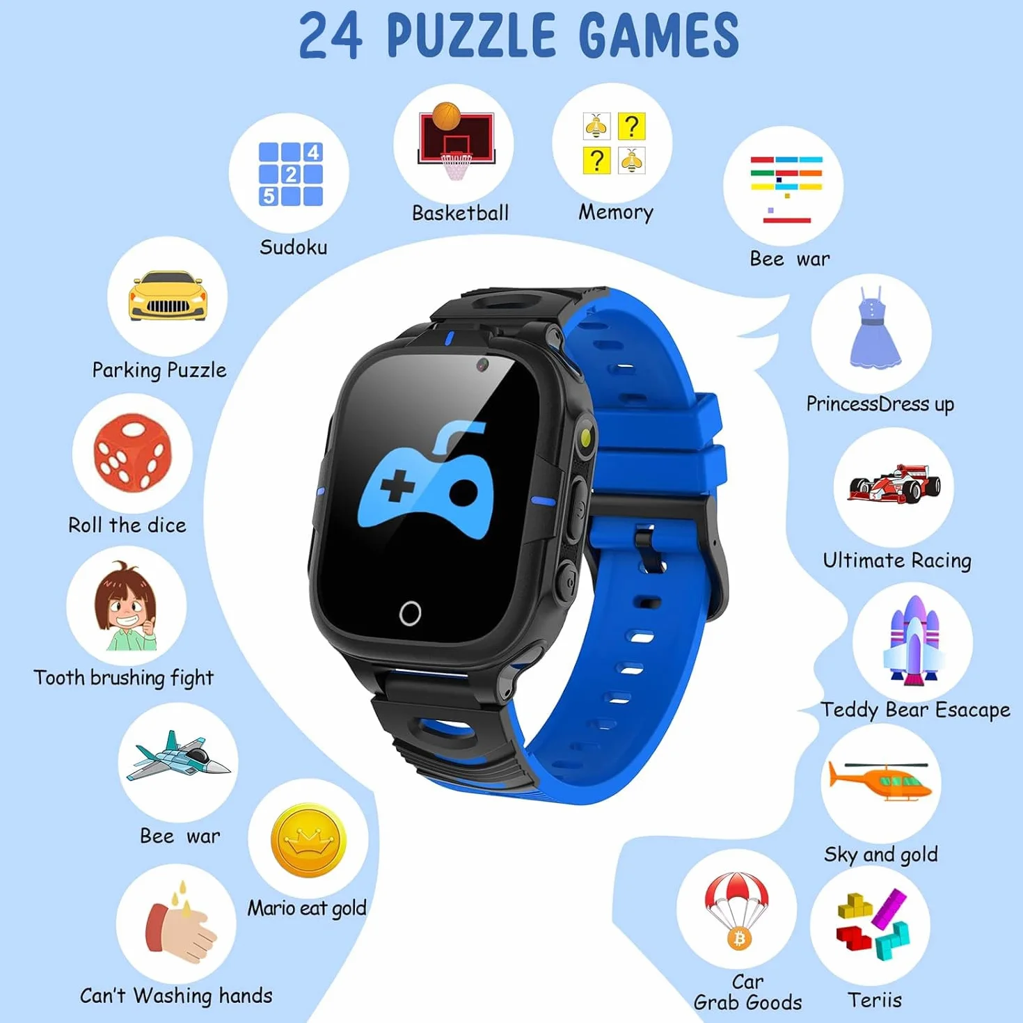 Orologio Smartwatch Bambini con 24 Giochi, Smartwatch Bambini Telefono per Ragazzo e Ragazza Musica Fotocamera SOS Cellulare Torcia Sveglia, Orologio per Bambino Regalo di Compleanno