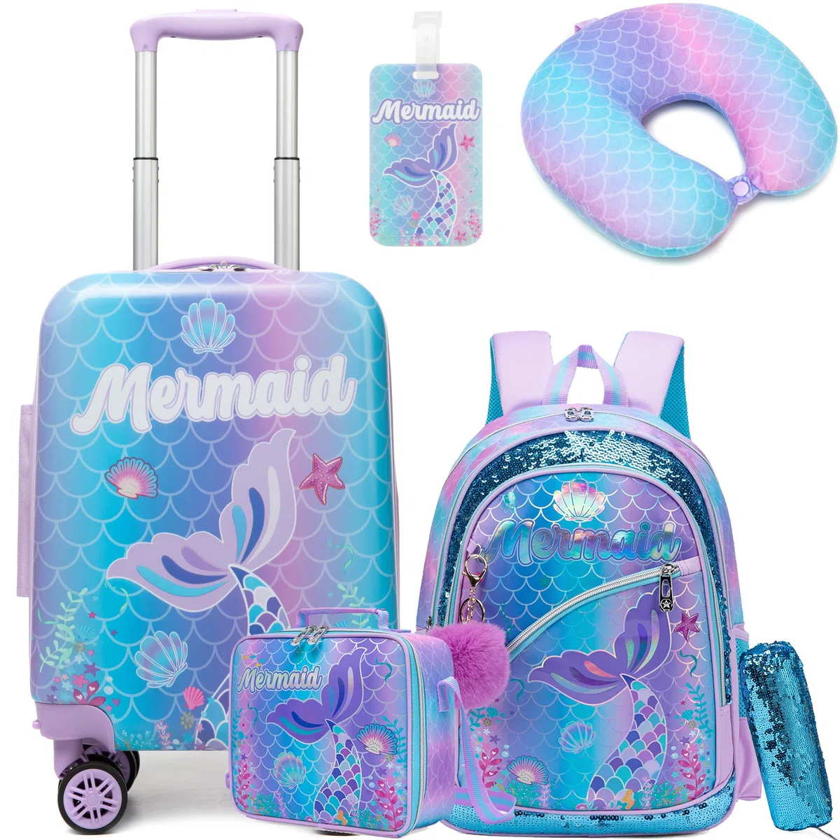 HTgroce 5 Set Valigie per Bambini, Zainetto Bambina, Cuscino per il Collo, Borsa per il Pranzo, Astuccio per Matite, Etichetta, Sirena Valigia con Ruote