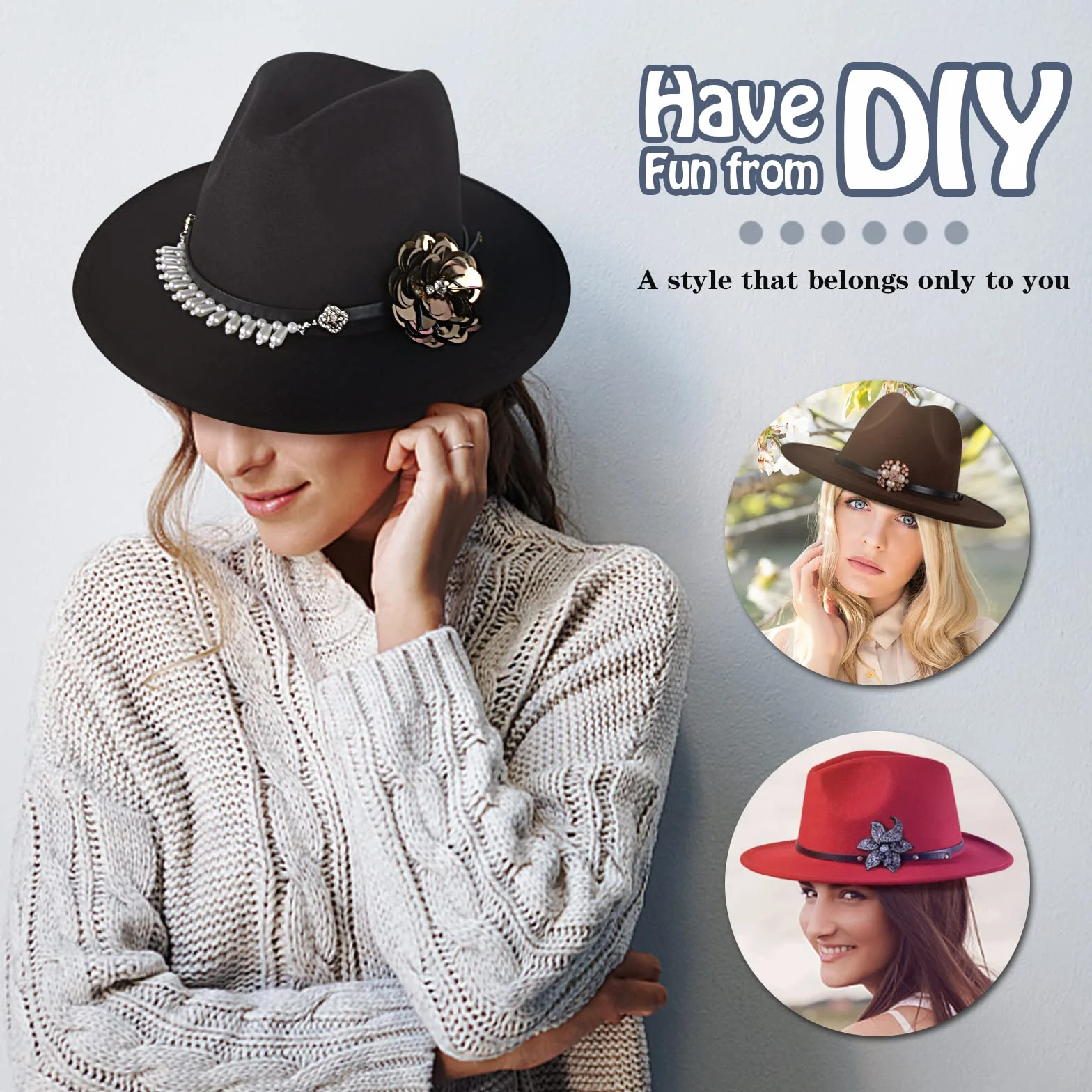 Uomo Donna Cappello Fedora Jazz Trilby Berretti Cappelli a Tesa Larga - Cappello in Feltro Autunno Inverno Regolabile 56-58CM