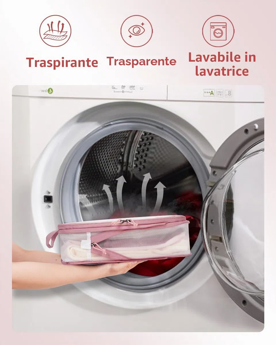 ECOHUB 6 Pezzi Organizer Valigia Salvaspazio Compressione, Set Per Viaggio Con Copriscarpe, Divisori Per Bagaglio a Mano, Leggero, Rosa