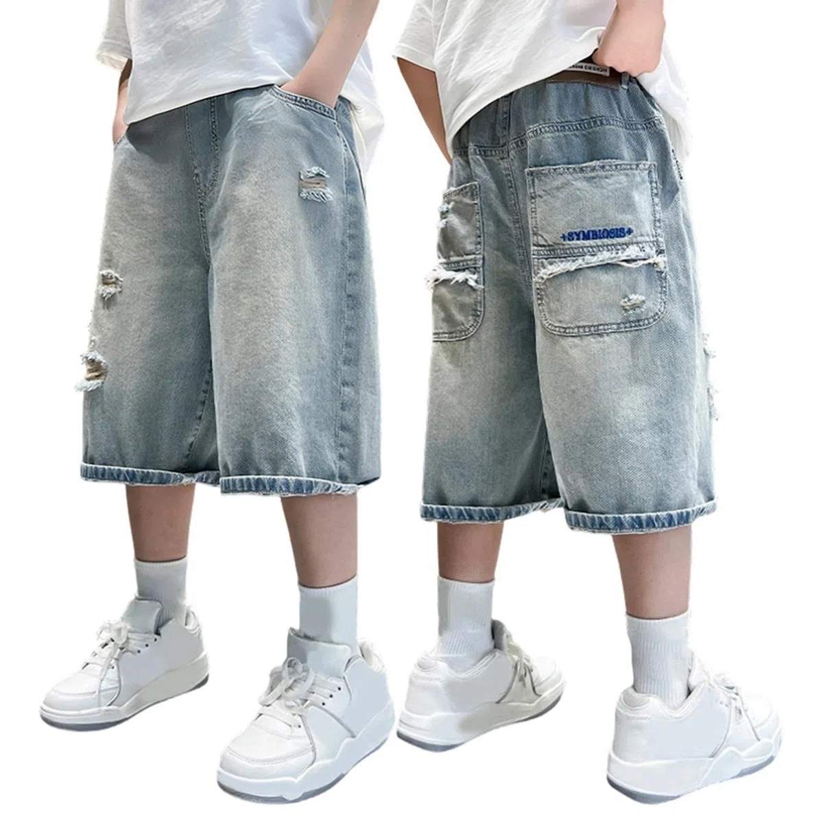 Pantaloncini in jeans per ragazzi con elastico in vita e tasche, abbigliamento estivo casual per bambini e ragazzi, stile outdoor, per scuola e tempo libero