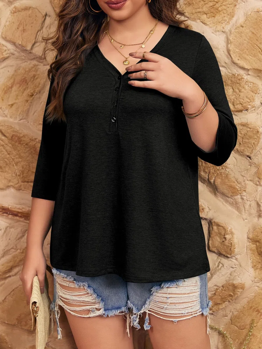 Fisoew Maglietta da Donna con Maniche a 3/4, con Scollo a V, con Bottone, Oversize, a Maniche Corte
