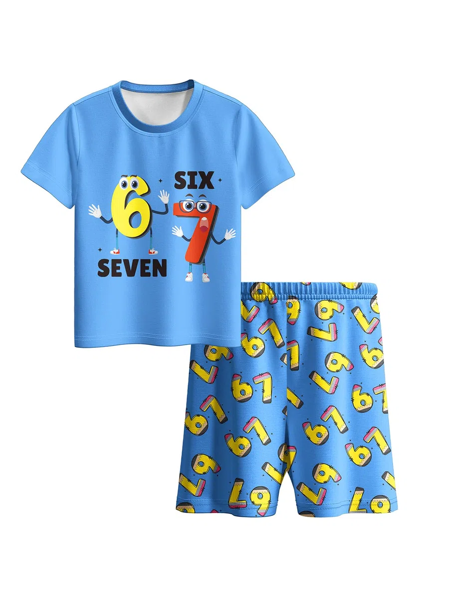 Completo per bambini 67 Meme 2 pezzi, top Six Seven e pantaloncini con stampa 67, maglietta e pantaloncini, per ragazzi e ragazze 5-12 anni