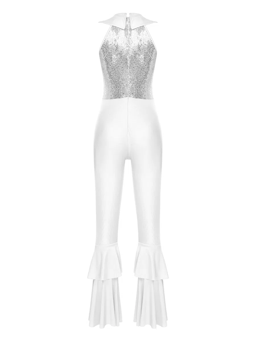 Hansber Disco Outfit Donna Anni 70 Glitter Paillettes Tuta Senza Maniche Jumpsuit Intero Abito Da Ballo Con Gamba Larga A Scalare Abbigliamento Danza