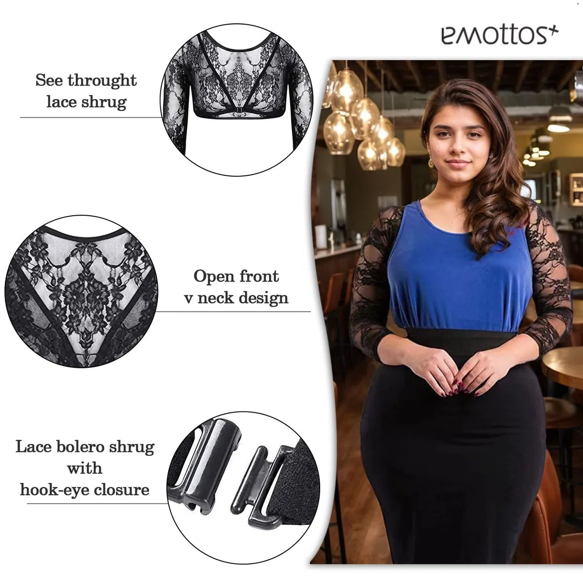 Donna Coprispalle in Pizzo, Top Fronte Aperto con Scollo a V, Coprispalle a Rete Trasparente con Chiusura ad Occhiello, Bolero Floreale a Maniche Lunghe per Abiti, Cerimonia, Nero, S-XL