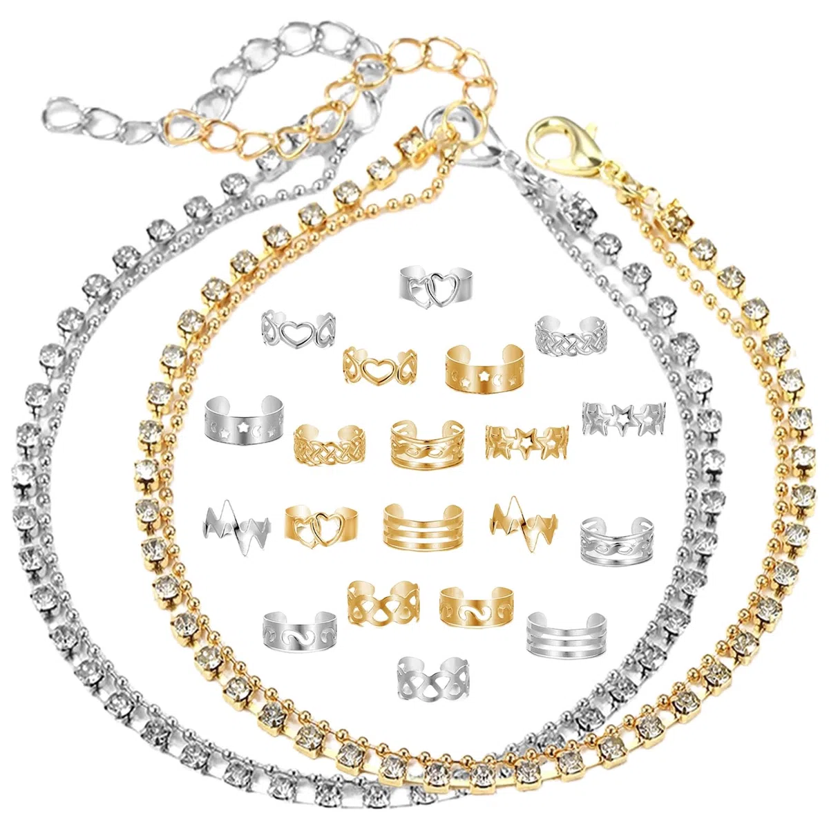 22 Pcs Anelli Piedi Donna, Cavigliere DonnaCavigliera Bracciale, Anelli da punta, anelli aperti e regolabili, Estivi Spiaggia Gioielli Piede, Oro e Argento