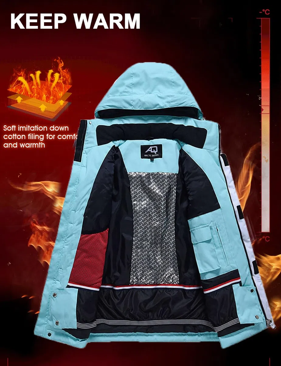 ALSOGO Giacca da sci da donna e pantaloni da sci, tuta da sci, 2 pezzi, tuta da neve, impermeabile, calda giacca invernale con cappuccio rimovibile, per sci, snowboard, pantaloni da neve